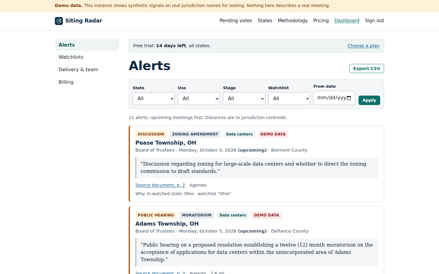Siting Radar alert dashboard using clearly labeled synthetic demonstration signals