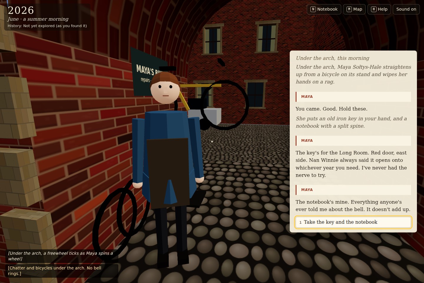 Afterimage’s brick courtyard in 2026, rendered as a first-person historical exploration scene.