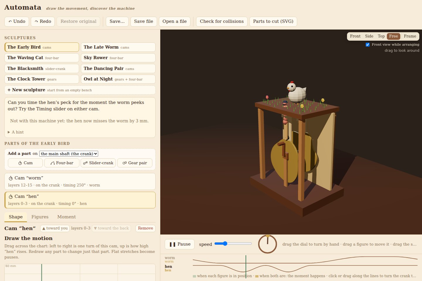 Automata’s kinetic bird sculpture with visible cams, editable mechanism parts and motion timelines.