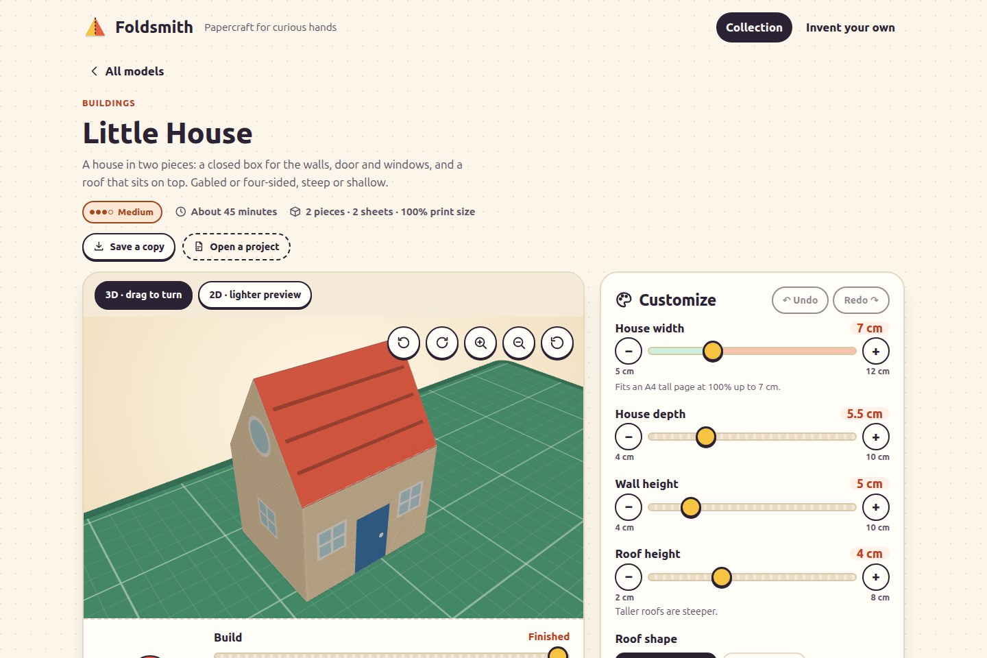 Foldsmith workshop with an editable papercraft model, assembly preview and export controls.