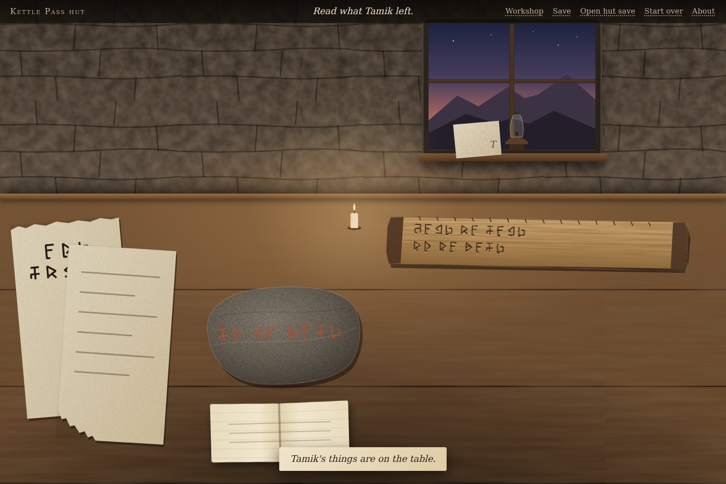 Glyphcraft’s Kettle Pass hut with a primer, handwritten script, a note and a tally stick.