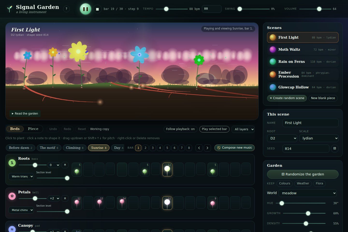 Signal Garden showing a luminous musical landscape alongside note beds and composition controls.