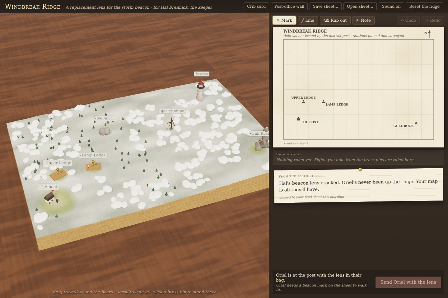 Surveyor’s terrain diorama next to the player’s field sheet, survey pins and courier’s note.