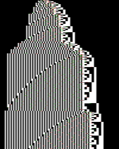 W5-3 for 10,000 steps in bbchallenge.org's Default view: a striped band that widens to the left, and a staircase on its right