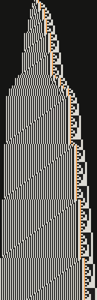 W5-3, one row each time the head is back at the counter: a striped bell crossed by slanted lines, growing rounds, and the counter on the right