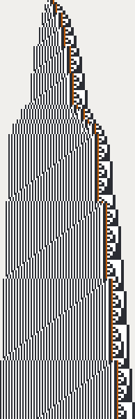 W5-3, one row each time the head is back at the counter: a striped bell crossed by slanted lines, growing rounds, and the counter on the right