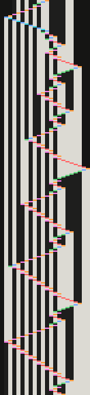 W5-3, every step from 165 to 451: the head's path zig-zags between the counter on the right and a turning point that moves left, over vertical stripes