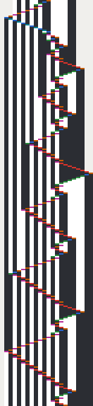 W5-3, every step from 165 to 451: the head's path zig-zags between the counter on the right and a turning point that moves left, over vertical stripes