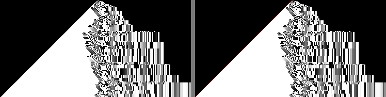 Fig 2: #26 beside #5 mirrored, one row per bounce; red marks the only differing cell (the wall).